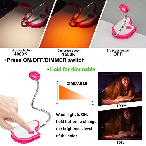 Image of Amber Reading Light Rechargeable, Book Light Kids for Reading in Bed, Clip On Reading Book Light, 2 Lighting Modes, Blue Light Blocking for Eye-Care, Small Bookmark Light for Bookworm-Magenta