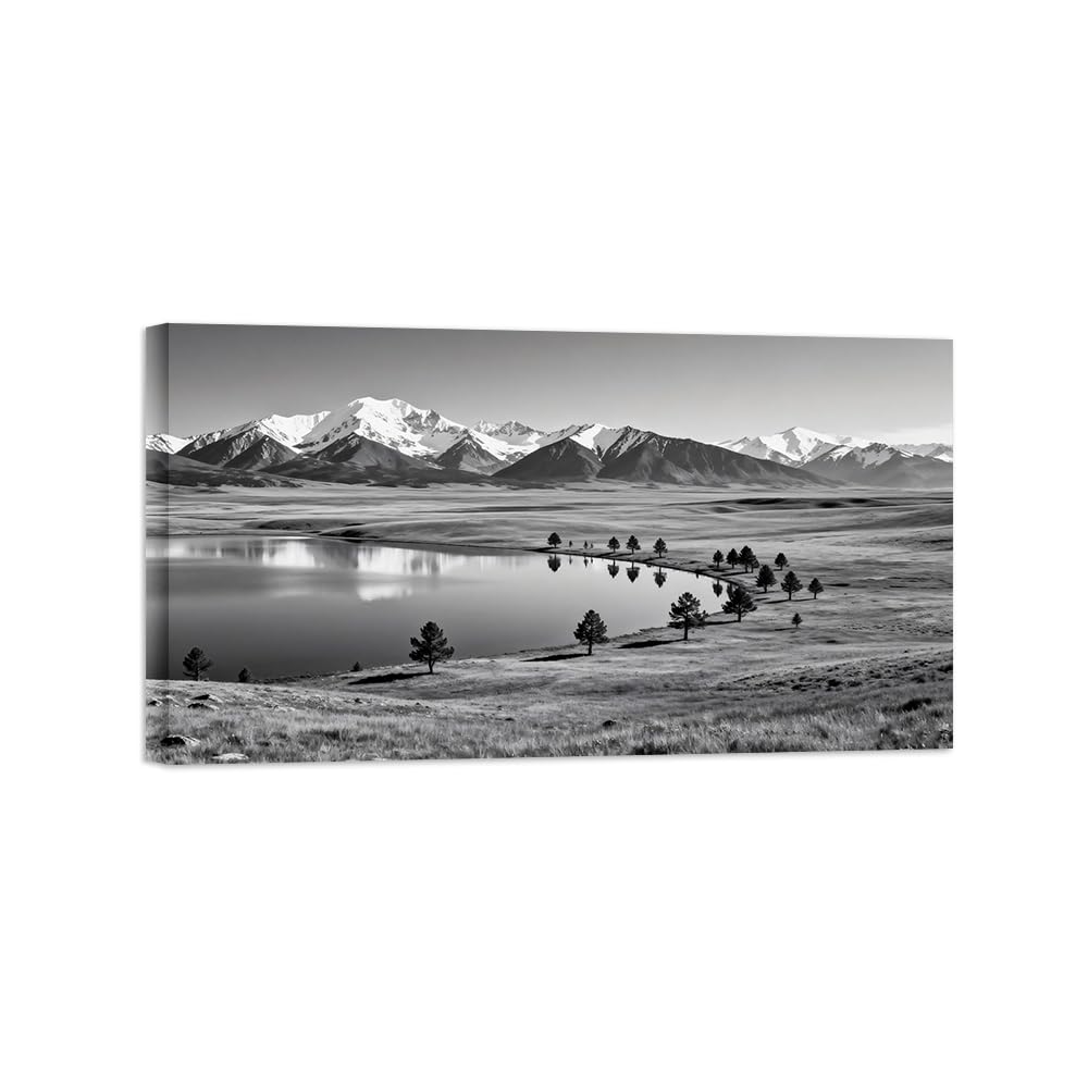 OZPWBVY Lake Grassland Black White Landscape Wall Art Prints 20x35cm Framed