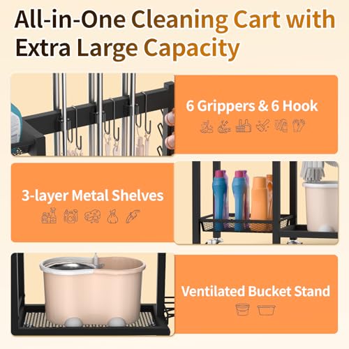 Broom Holder with Cleaning Supplies Organizer Load 350 LBS Cleaning Cart with Wheels Broom Closet Storage with 3-Tier Shelves, 6 Mop Hanger Grippers, 3 Double-Hooks, Vacuum Stand for Laundry Garage by FLOUREE - Used condition - Image 4