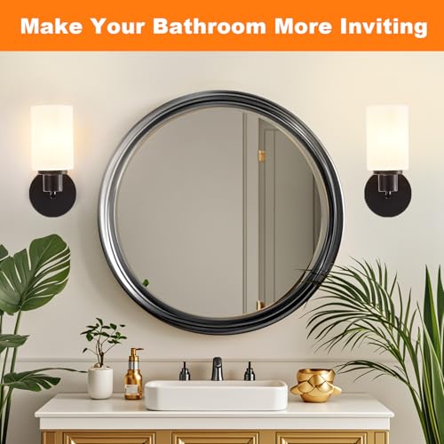 Image of DLLT Wall Sconces Set of Two: Modern Bathroom Vanity Light Fixtures - Matte Black Vanity Lights with Milky White Glass Shade - Farmhouse Wall Lamp for Bedroom Living Room Mirror Hallway Kitchen