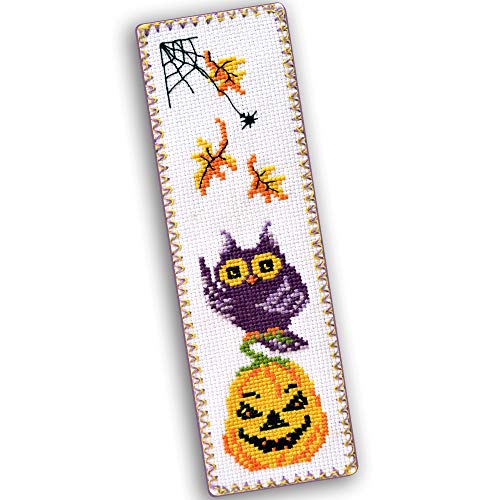 Image of Povitrulya Halloween Owl - Counted Cross Stitch Kit with Halloween Pumpkin Jack-o'-Lantern - DIY Hand Embroidery Bookmark