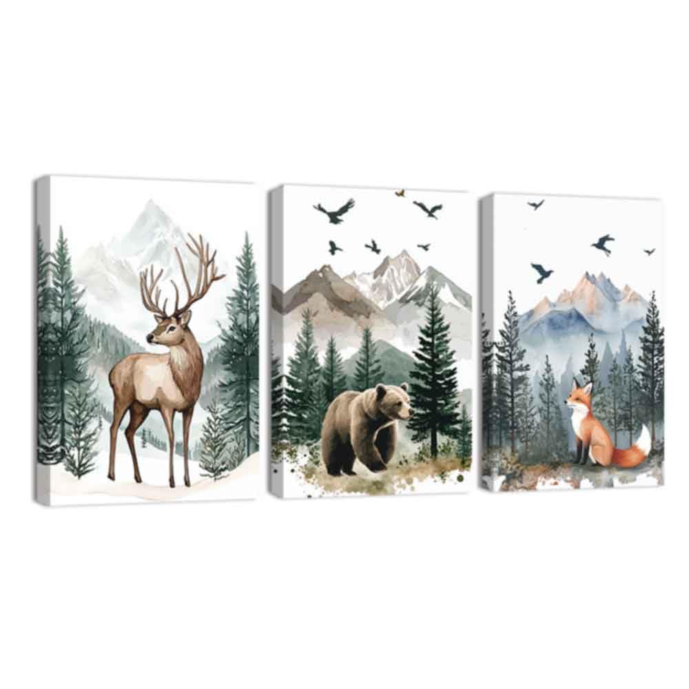 ZQQART 3 Pieces Woodland Nursery Animal Wall Art Deer Bear Fox Canvas Painting Art Forest Wild Animals Picture Prints Kids Room Decor Framed(Green,12.00"x16.00"x3Pcs)