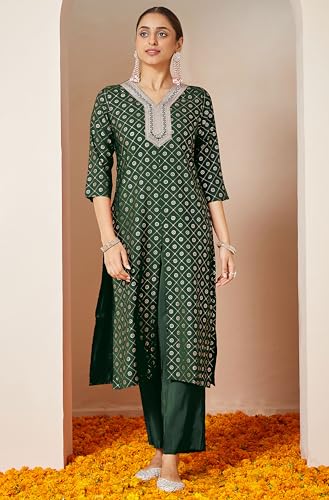 Image of Janasya Women's Maroon Chanderi Silk Embellished Gold Printed Front Slit Kurta Pant Set