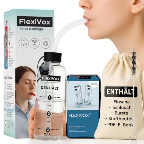 FlexiVox®, Stimmentrainings‑Set | Verwendet in Logopädie und Stimmtherapie mit aseptischem Talkum + Messflasche + Bürste + Tasche + Digitales eBook + Höhenregulierstopfen (Transparent)
