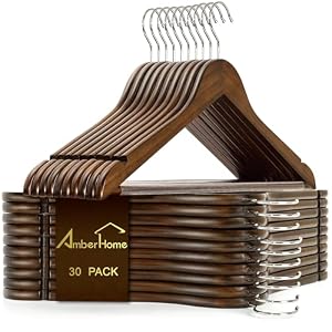 Amber Home 30 Pack Retro Wooden Coat Hangers, Wood Suit Hangers | Heavy Duty Hangers with Non-slip Pants Bar, Clothes Hangers for Closet Organization, Shirts, Jackets, Dresses, and Pants