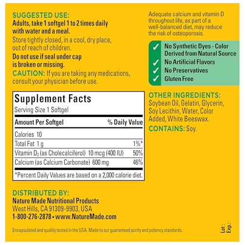 Nature Made Calcium 600 mg with Vitamin D3, Dietary Calcium Supplement for Bone Support, 100 Softgels - Image 6