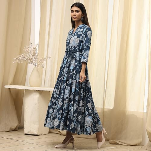 Image of Biba Women's Cotton 3 /4 Sleeves Calf Length Band Collar A-Line Floral Printed Casual Dress