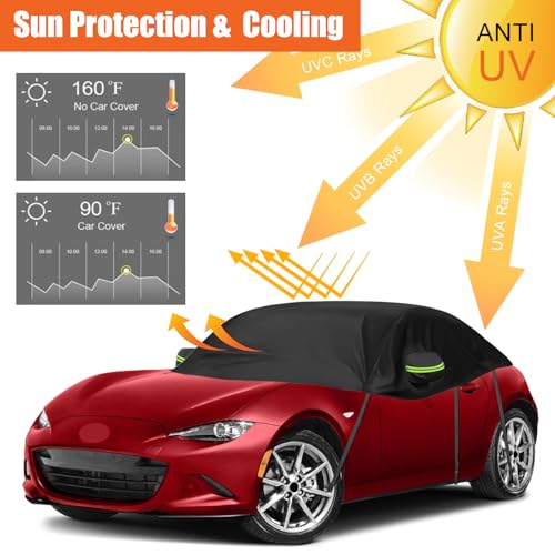 Image of Black Half Car Cover for 2015-2024 Mazda MX-5 Miata | Fits ND Generation, Weatherproof Sun Protection, Reflective Strips