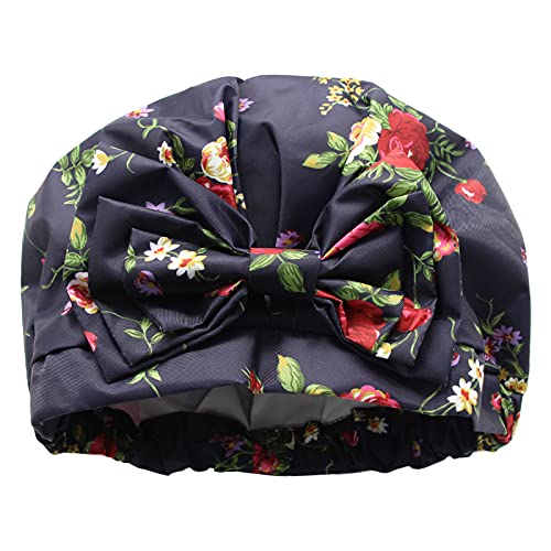 Aibilye Floral Shower Cap for Women Long Hair Reusable, Waterproof Breathable Adjustable Shower Caps with Elastic Hem, Cute Bowknot Bath Cap for Women Girl Beauty Hair Spa Bathing Home Travel11175