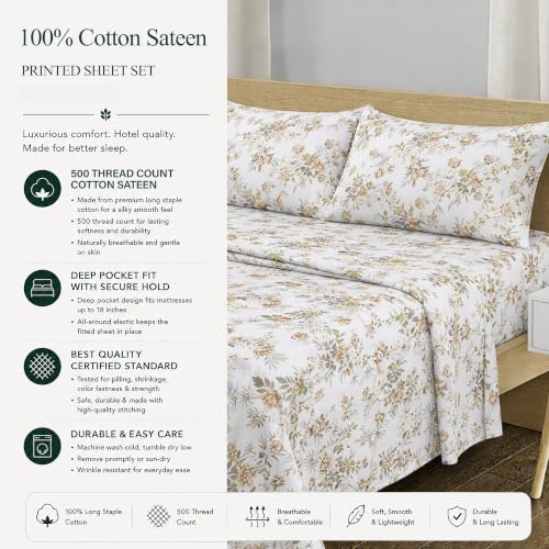 Image of Feather & Stitch Printed 500 TC California King Size 4pc Damask Bed Sheet Set, 100% Soft Cotton Breathable Bedsheets, 18 inch Deep Pockets Sateen Weave Striped Bedding Mattress - Rose Floral