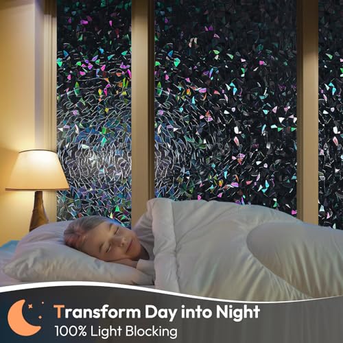 Haton Blackout Window Film, Total Light Blocking Privacy Window Cover, Stained Glass Window Tint Shades for Home, Room Darkening Day Sleep Heat Control, Non-Adhesive, Black 17.5 x 78.7 inches