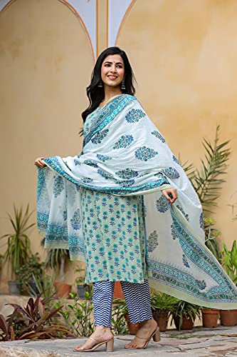 Image of Vaamsi Women's Cotton Blend Floral Straight Kurta Pant With Dupatta