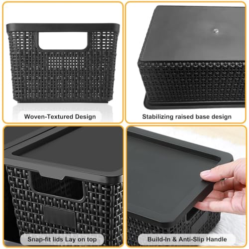 Storage Baskets with Lids, 6 Pack Black Plastic Baskets for Organizing | 6 black woven-look storage bins with lids, built-in handles and stackable design for organized spaces. - image 8