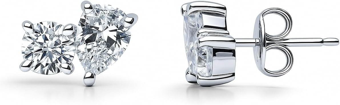 Sterling Silver 2-Stone Stud Earrings for Women, Cubic Zirconia CZ