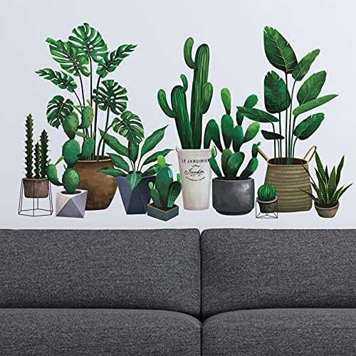 Green Pot Plants Leaves Wall Decals, Monstera Cactus Bonsai Tropical Potted Plants Wall Stickers, Removable Palm Tree Leaf DIY Art Decor Murals Decoration for Bedroom, Nursery, TV Wall
