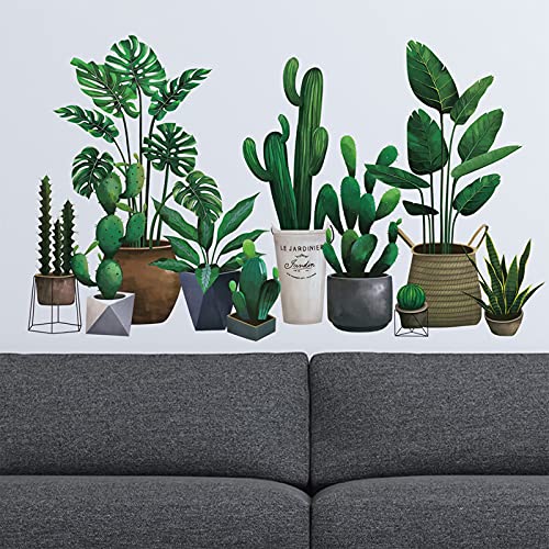 Green Pot Plants Leaves Wall Decals, Monstera Cactus Bonsai Tropical Potted Plants Wall Stickers, Removable Palm Tree Leaf Diy Art Decor Murals Decoration For Bedroom, Nursery, Tv Wall #TOP3