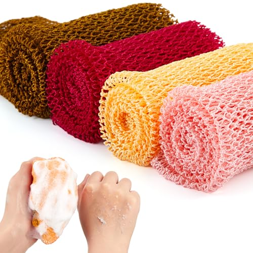 Boao 4 Pieces African Net Bath Sponge African Exfoliating Long Net Sponge Exfoliating Shower Body Scrubber Skin Smoother for Daily Use(Orange, Brown, Cream, Peach, 25.6 x 7.9 inch)