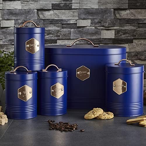 Neo Matte Matt & Copper Metal Badge 5 Kitchen Countertop Canisters Jars Tins Set Tea Coffee Sugar Biscuit Bread Bin Box Food Storage Organiser (Navy)