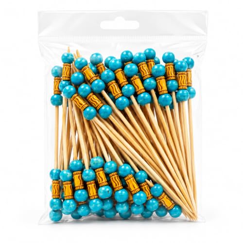 Image of Somani Decorative Bamboo Cocktail Picks Turquoise Bead | Double Ball Topper Fancy Food Picks for Appetizers, Drinks & Garnish | Cafe, Lounge, Bakery, Catering & Home Entertaining | Pack of 100