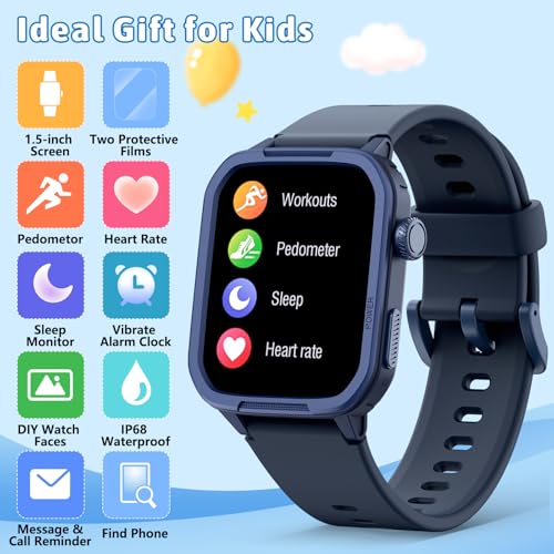 Kids Smart Watch for Boy Girl, Kids Watches with 19 Sport Modes, Heart Rate, Sleep Monitor, Pedometer, Alarm Clock, IP68 Waterproof Fitness Tracker, Gift for 6-16 Year Old Boys Girls Toys (Blue)2