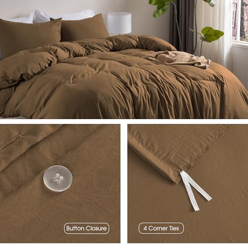 Image of Ranunculus Washed Khaki Duvet Cover Set King Size, 3 Piece Prewashed Cotton-Like Bedding Set, Duvet Cover 104X90 Inches with Button Closure & 2 Pillow Shams for All Seasons,Comforter Not Included