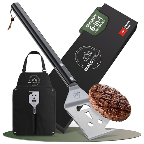 Waldstrom® 6-in-1 Grillspachtel Multitool I Grill Zubehör Set mit inklusive Grillschürze - ideales BBQ Geschenk für Männer I Geburtstagsgeschenk...