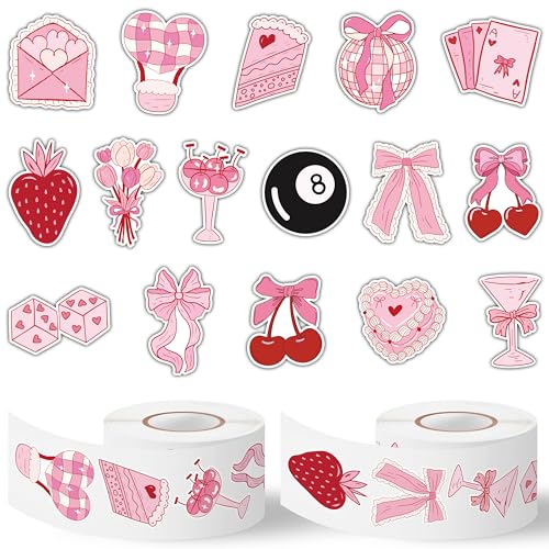 Image of Pink Bow Stickers Rolls - 1000 Pcs Retro Vintage Coquette Bow Aesthetic Pink Waterproof Vinyl Reusable Laptop Sticker Scrapbook Water Bottle Page Activity Pad Brithday Party Favor Skateboard