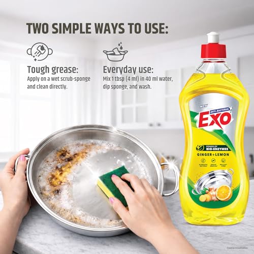 Image of Exo Dishwash Liquid Bottle | Ginger & Lemon | Tough Grease Removal for Utensils | Anti-Bacterial Dishwashing Liquid | Bio-Enzyme Liquid Dishwash | No Residue Cleaning | Fresh Citrus Fragrance - 750ml