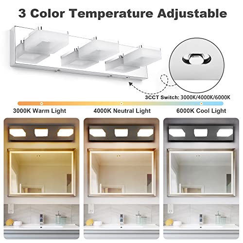 GOODATE 3 Colors Dimmable Bathroom Light Fixtures Over Mirror, LED Chrome Vanity Lights, Acrylic Stainless Steel 3 Light Bathroom Vanity Light, Adjustable 3000K/4000K/6000K, 360° Rotate