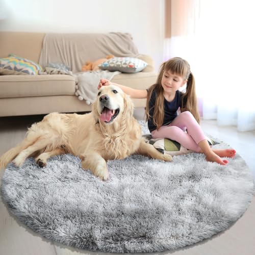 Tie-Dyed Fluffy Round Rug,Soft Area Rugs for Girls Room,Shaggy Rugs 3'X3' for Living Room,Non Slip Circle Rug for Kids Bedroom,Shag Plush Nursery Rug,Plush Carpet for Dorm,Furry Room Decor,Light Grey