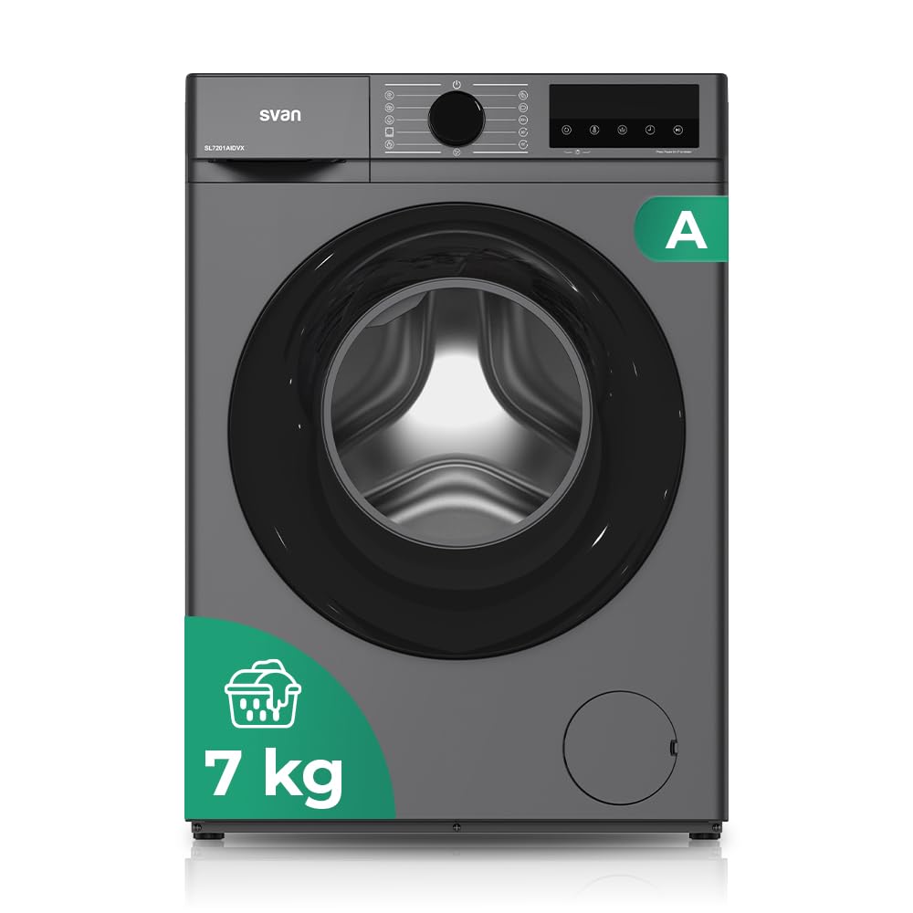 Svan Lavadora 7Kg Carga Frontal Inox SL7201AIDVX. 1600W, 1200rpm, Motor Inverter, 11 Programas, Función Stop&Go, Tambor Diamante, Clase de Eficiencia Energética A