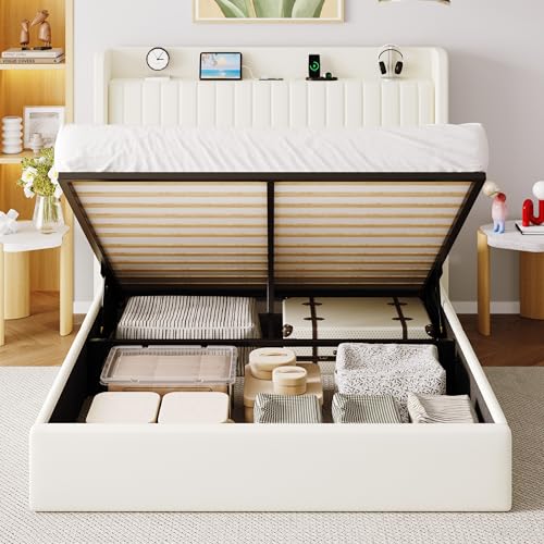 Image of Allewie Full Size Lift Up Storage Bed Frame,Storage Shelf Headboard with Charging Station,Type-C and USB Ports,Hydraulic Support,Velvet Upholstered Bed Frame,No Box Spring Needed,Cream