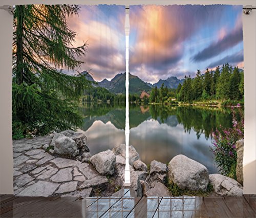 Ambesonne Mountain Curtains, Idyllic View with Tree on Still Lake Surrounded by Mountains and Moody Sky Image, Living Room Bedroom Window Drapes 2 Panel Set, 108