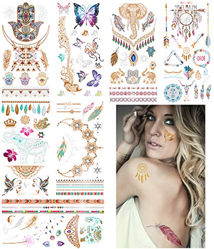 Henna Premium Metallic Tattoos Kit - 7 Sheets Flash Temporary Tattoos for Women Girls Kids, Glitter Shimmer Gold and Silver Jewelry Fake Tattoo - 85+ Color Boho Metallic Waterproof Temporary Tattoos