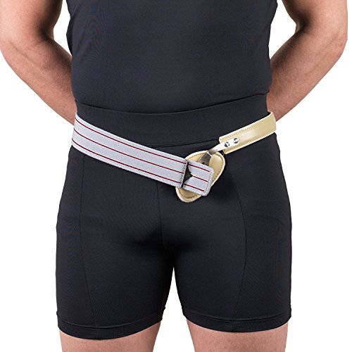 Hernia Truss, Single Spring, Scrotal Pad Compression, Leather, Buckle, 32 inch Hip (Right)