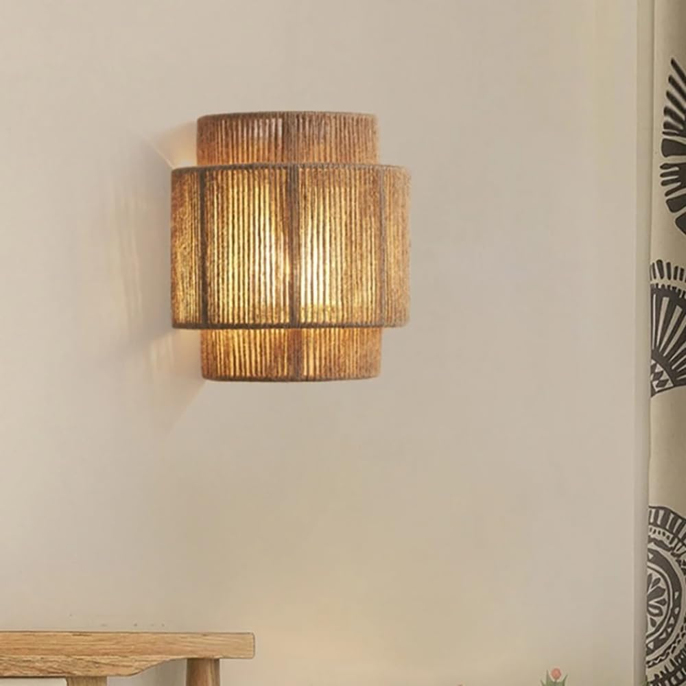 Appliques Murales En Rotin De 9 Pouces, Luminaires Muraux Boho Avec Corde De Chanvre, Appliques Murales Rustiques Pour Chambre À Coucher, Entrée, Éclairage Mural, Applique Murale Moderne Bohème