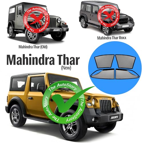 Image of AutoStory Magnetic Car Sunshade for Thar 2020-2025 | Front Half Cut for Mirror Visibility + Rear Full Coverage with Zipper | Heavy Heat & UV Protection | Privacy Side Window Curtains Shades