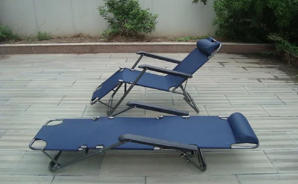 Image of Metal Folding Indoor Outdoor Home Beach Garden Recliner Deck Chair (Recliner) ( Neavy Blue Color)