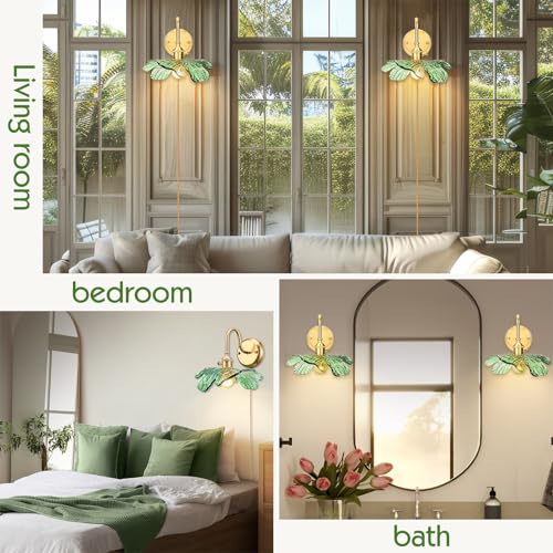 Image of Green Sconce Plug in Wall Sconces Vintage Wall Lamp with Green Glass Shade - Plug in or Hardwired Brass Finish Light Fixture for Bedroom, Living Room, Bathroom Lighting