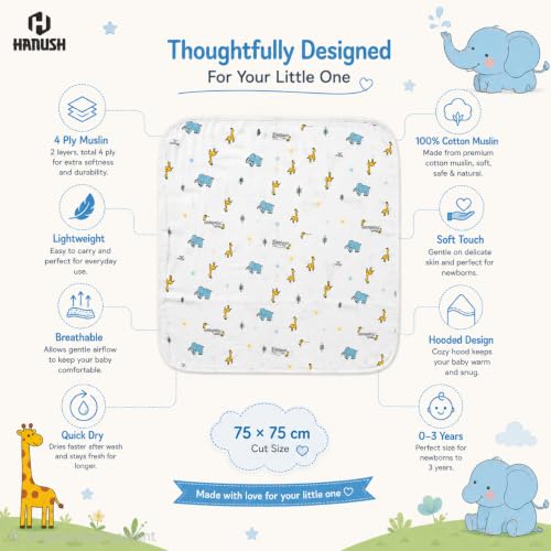 Image of HANUSH 100% Organic Muslin Cotton Hooded Baby Towel - Cute Giraffe & Elephant Print | Ultra Soft, Super Absorbent, Lightweight & Quick Dry Bath Wrap (75x75 cm) for Newborns & Toddlers (0-3 Years)