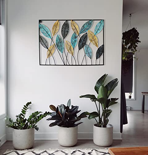 Image of iHandikart Modern Metal Wall Art | 31x22 Inch Horizontal Botanical Leaf Sculpture | Gold, Blue, & Black Framed Decor for Living Room, Dining Room, and Office