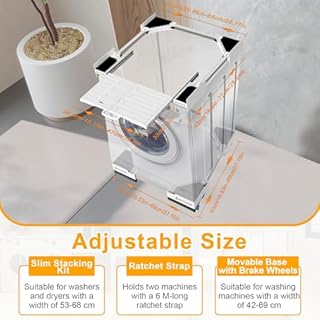 NIUXX universale di impilaggio e base mobile per asciugatrice e lavatrice, regolabile nelle dimensioni con corda a cricchetto e cestelli estraibili per lavatrici e asciugatrici per risparmiare spazio