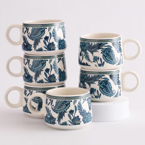 Image of miah decor Ceramic Tea Cups Set of 6 - Blue White | Handcrafted Stoneware Floral Printed Finish | Microwave & Dishwasher Safe Coffee Cups & Mugs for Home, Office & Gifting - Every Occasion | 180ml