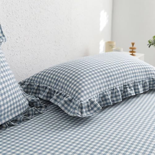 Image of MKXI Blue and White Gingham Duvet Cover Queen Size, 3-Piece Bedding Set with Ruffles - 100% Soft Washed Cotton, Crisp Breathable - Nautical Coastal Classic Style Comforter Cover