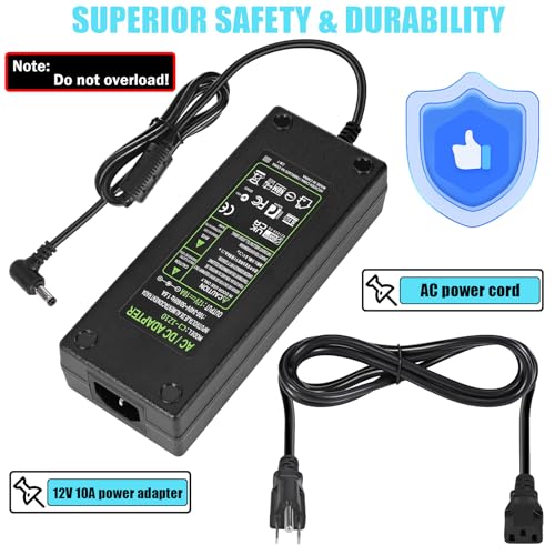 AC 100-240V to DC 12V 10A Power Supply Adapter Converter Transformer 12 Volt 10 Amp 120W with 5.5mm x 2.5mm /2.1mm DC Output Jack for 12V 5050 3528 LED Strip Light CCTV Cameras 3D Printer3
