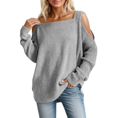 Generisch Jersey de punto para mujer con cuello bardot y cortes. Jersey informal de gran tamaño con hombros expuestos | Parte superior de punto grueso para un aspecto moderno, Estilo_k02 Gris, XXL
