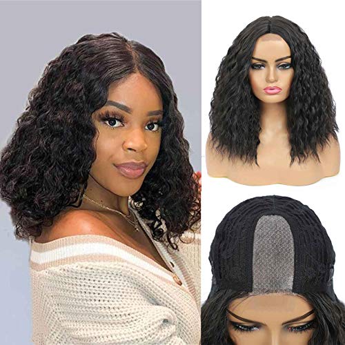Water Wave Bob Wigs for Black Women 2x4 Lace Closure Wig Middle Part 14 Inch Women Girl's Charming Synthetic Wigs Soft Natural Looking for Daily Party Wear