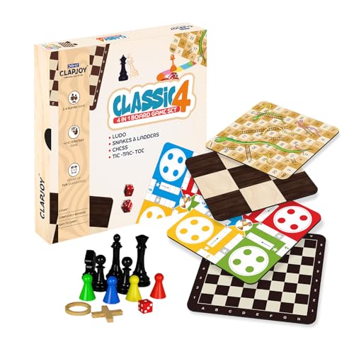 Clapjoy Wooden 4 in 1 Board Game for Kids & Adults| Ludo & Chess |Snake Ladder & Tic Tac Toe| Size 12 x 12 inch | Ideal for Parties, Fun, and Family G