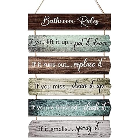 UBTKEY Bathroom Rules Bathroom Wall Decor, Wooden Rustic Bathroom Decor Wall Art Funny Bathroom Signs Pictures Decor Hanging for Farmhouse Toilet Guest Bathroom Decorations, 11.8 x 17.5 Inch Cover