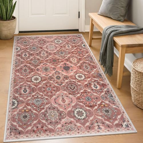 KILOCOCO 3x5 Moroccan Super Soft Area Rug Washable Living Room, Vintage Floral Rug Indoor Non-Slip, Print Faux Wool Accent Indoor Entryway Rug for Laundry Room Playroom Office, Terracotta